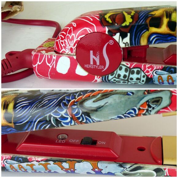 HerStyler Tattoo Flat Iron 1” Red Ceramic Hair Straightener Dual Voltage Y2K - Picture 3 of 14